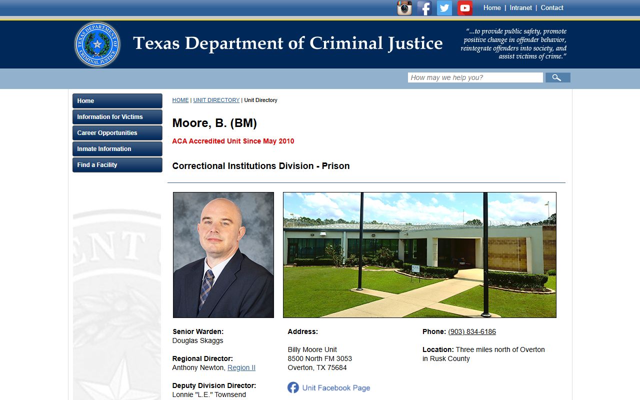 TDCJ Billy Moore Correctional Center unit directory page