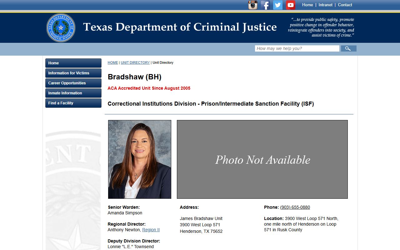 TDCJ Bradshaw State Jail unit directory page
