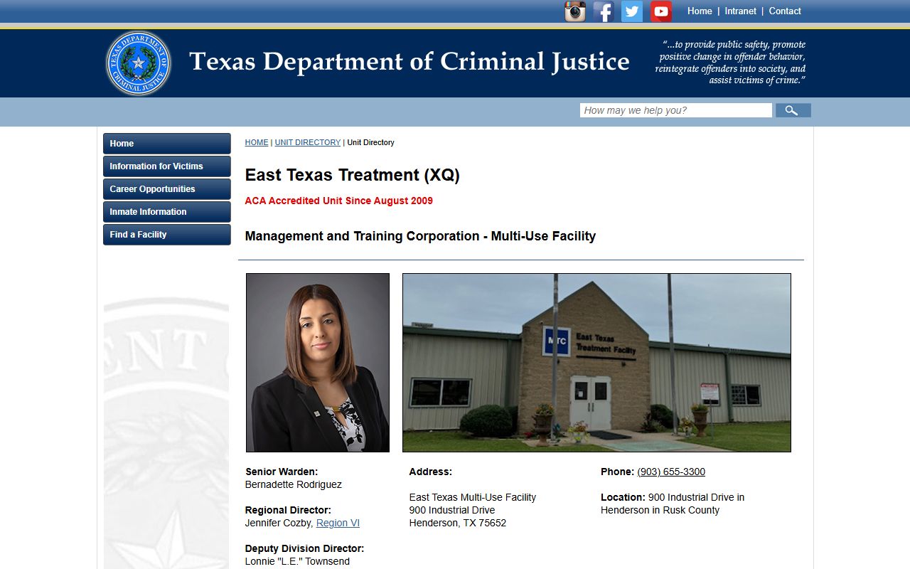TDCJ East Texas Treatment Facility unit directory page