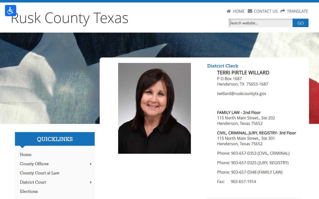 Rusk County court records District Clerk page with iDocket and search fee information