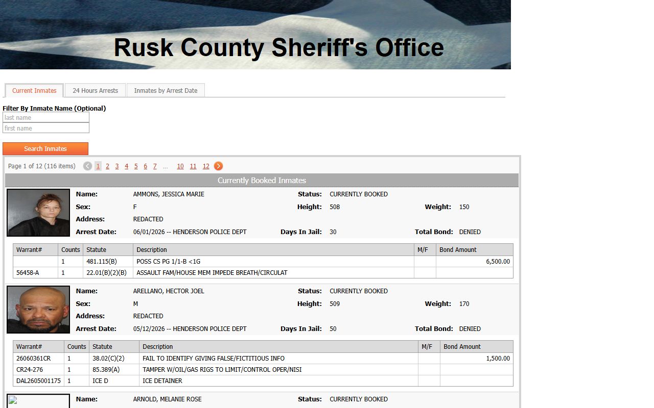 Rusk County Jail current inmate roster search page