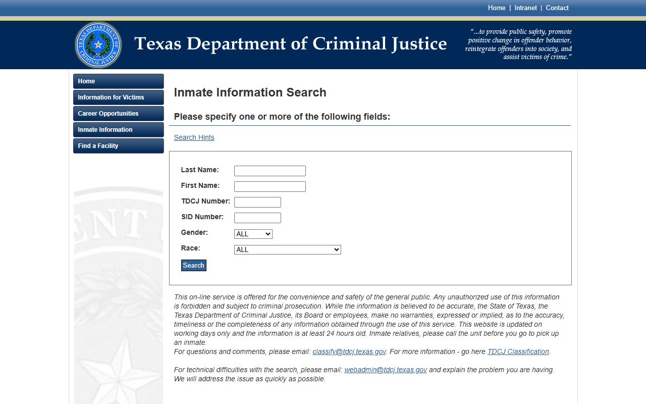Texas TDCJ inmate search form for Rusk County state custody lookup